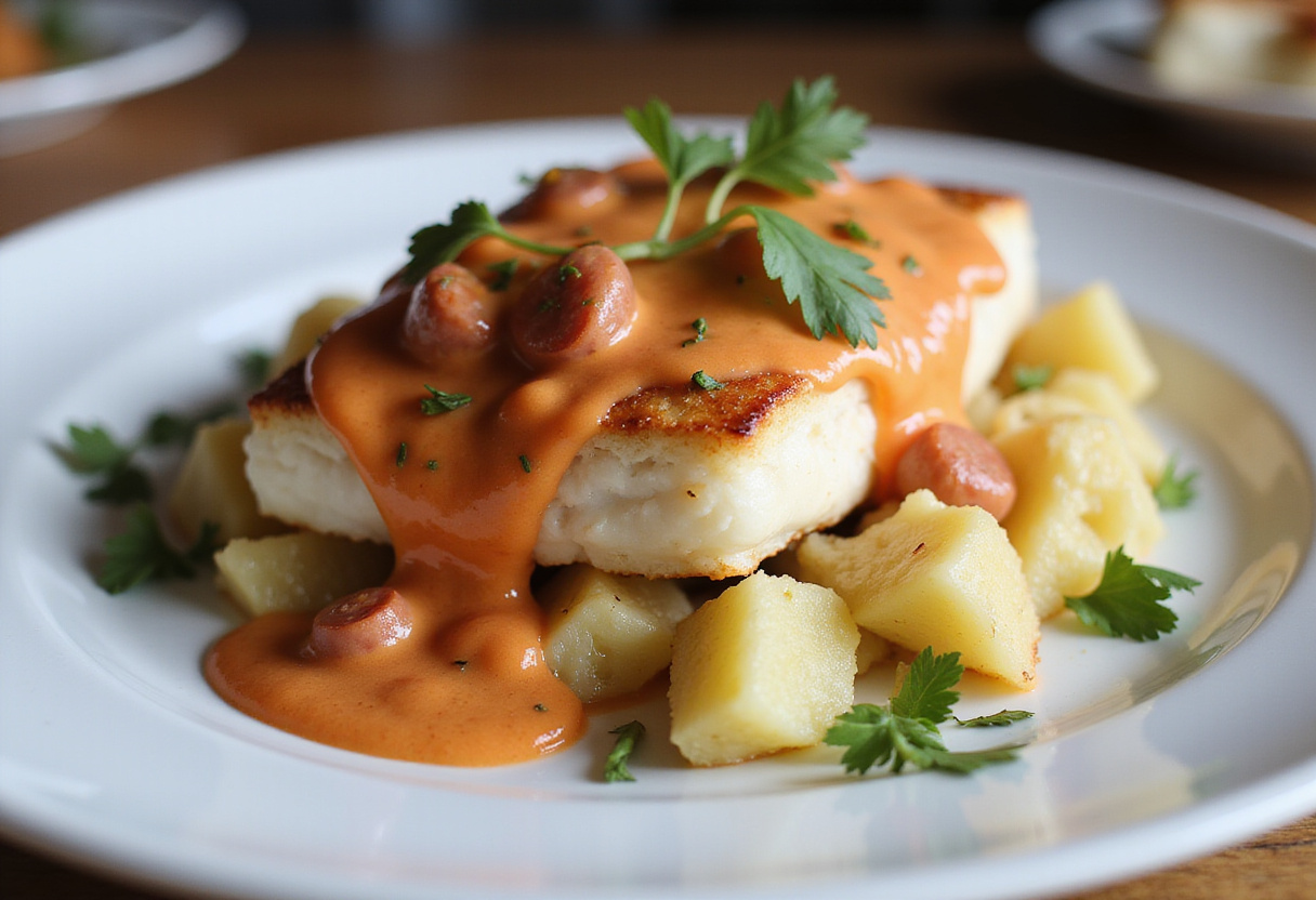 Dos de cabillaud servi avec crème de chorizo et écrasé de pommes de terre.