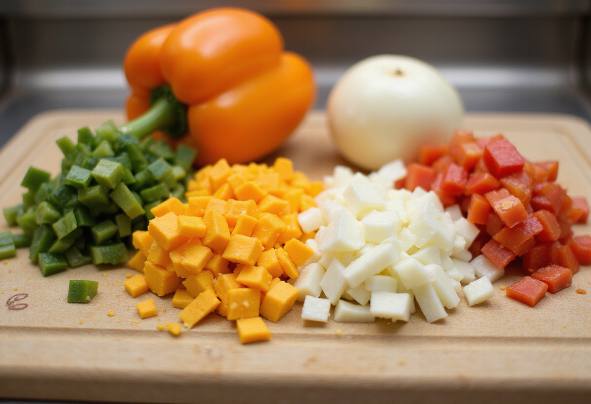 Légumes hachés et fromage préparés pour garnir les endives dans la recette des endives garnies.