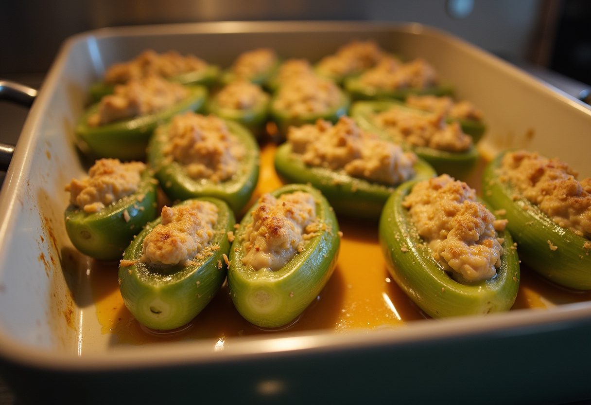 Endives farcies disposées dans un plat allant au four pour le plat d'endives garnies.