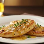 Finished escalopes de poulet caramélisées à l'ail, showcasing a delicious sweet and savory main dish.