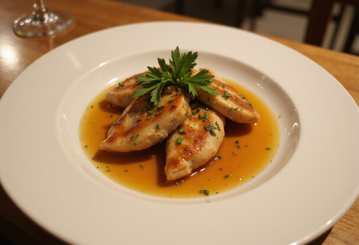 Finished escalopes de poulet caramélisées à l'ail, showcasing a delicious sweet and savory main dish.
