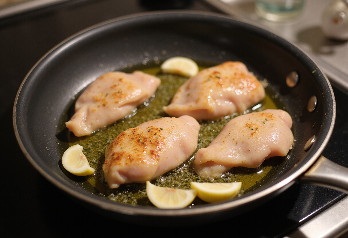 Frying pan with olive oil and chicken cutlets for making escalopes de poulet caramélisées.