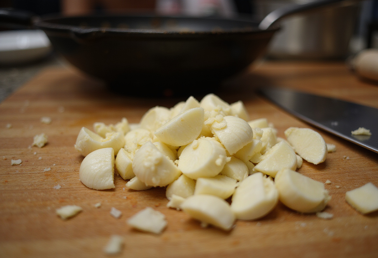 Minced garlic ready to be sautéed for poulet à l'ail recipe.