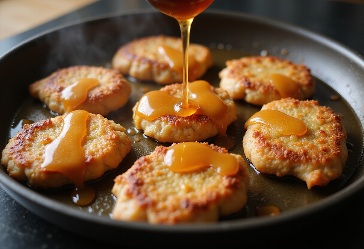 Honey poured over sautéed chicken for escalopes de poulet caramélisées à l'ail.