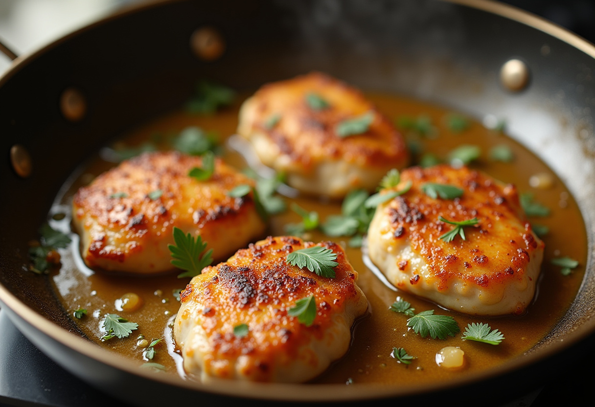 Caramelizing chicken cutlets in honey garlic sauce for a sweet and savory dish.