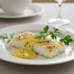 Filets de cabillaud au four présentés avec sauce crémeuse à la moutarde, un plat délicieux pour un repas.