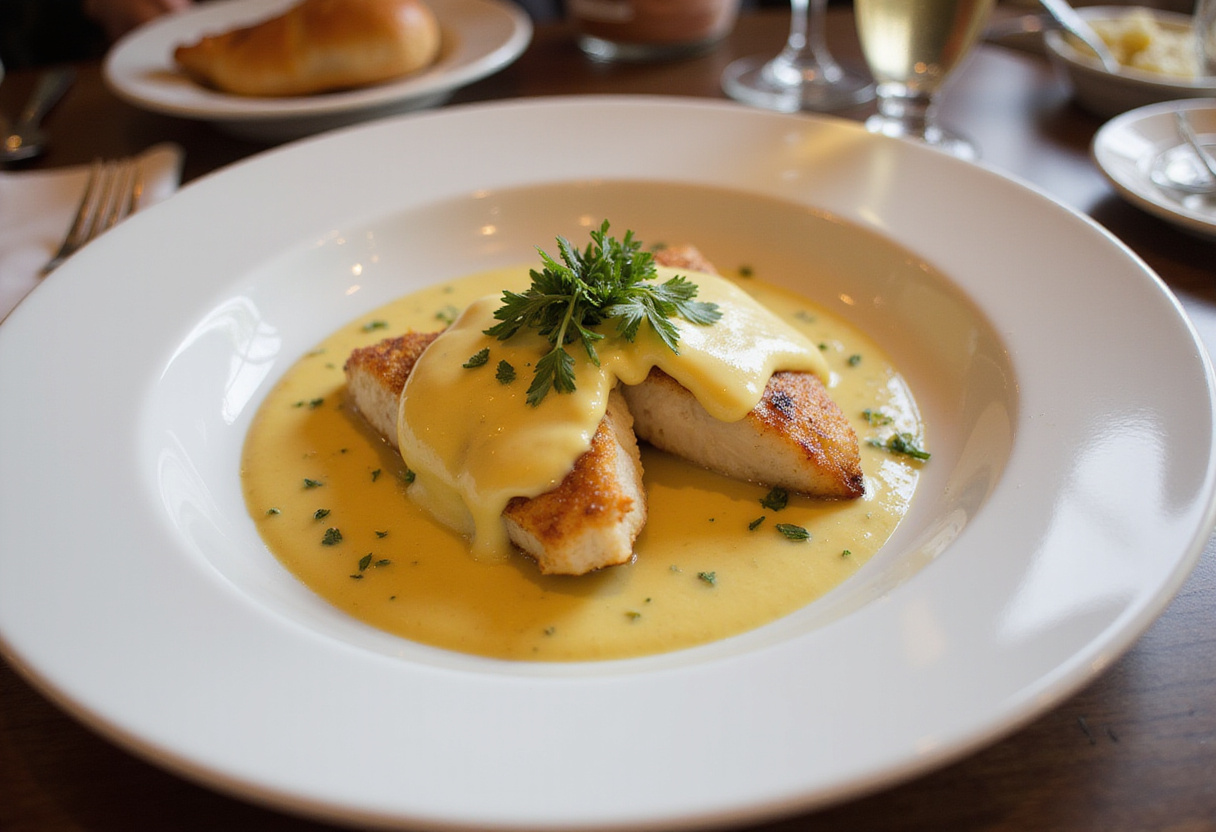 Filets de cabillaud au four présentés avec sauce crémeuse à la moutarde, un plat délicieux pour un repas.