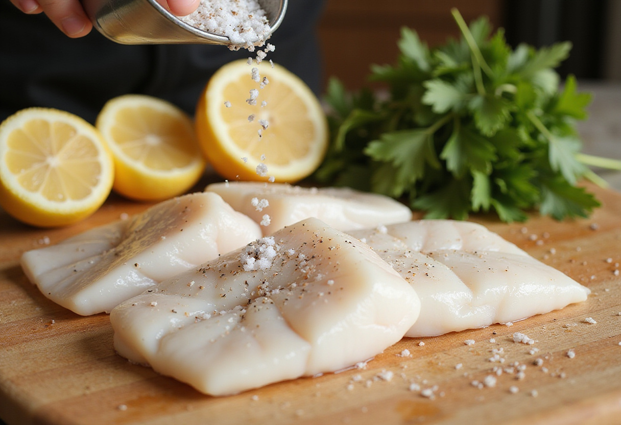 Filets de cabillaud au four assaisonnés avec du sel et du poivre, prêts pour la recette cabillaud.