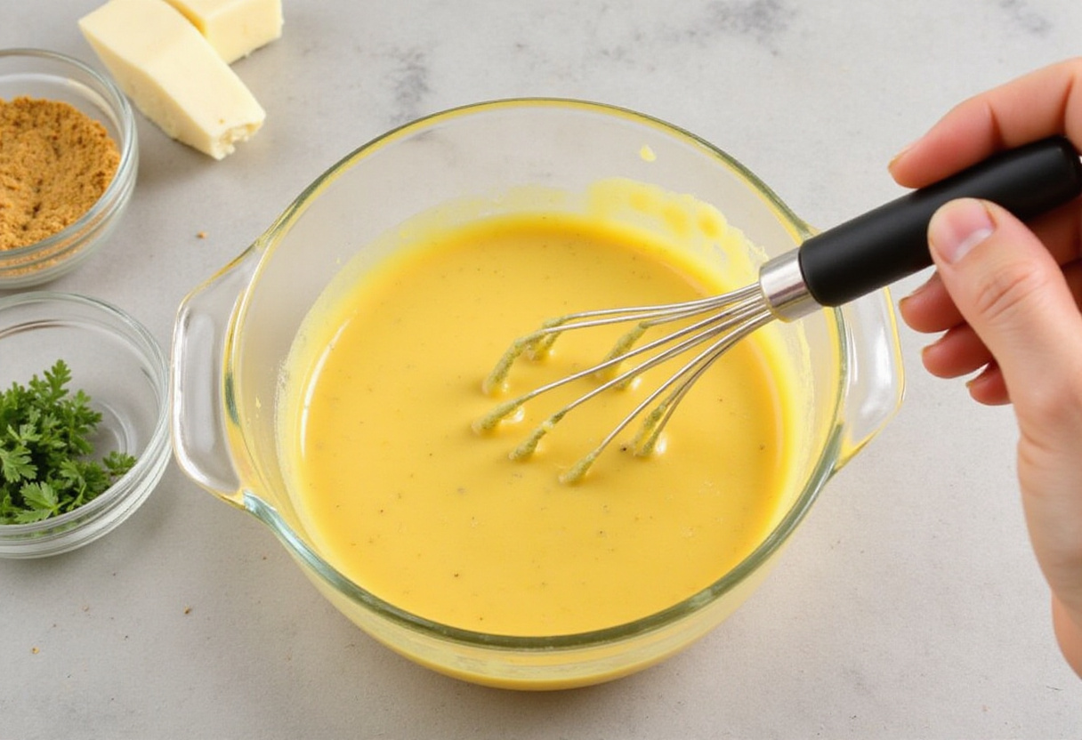 Mélange de sauce crémeuse à la moutarde pour le cabillaud à la moutarde, prêt à être utilisé.