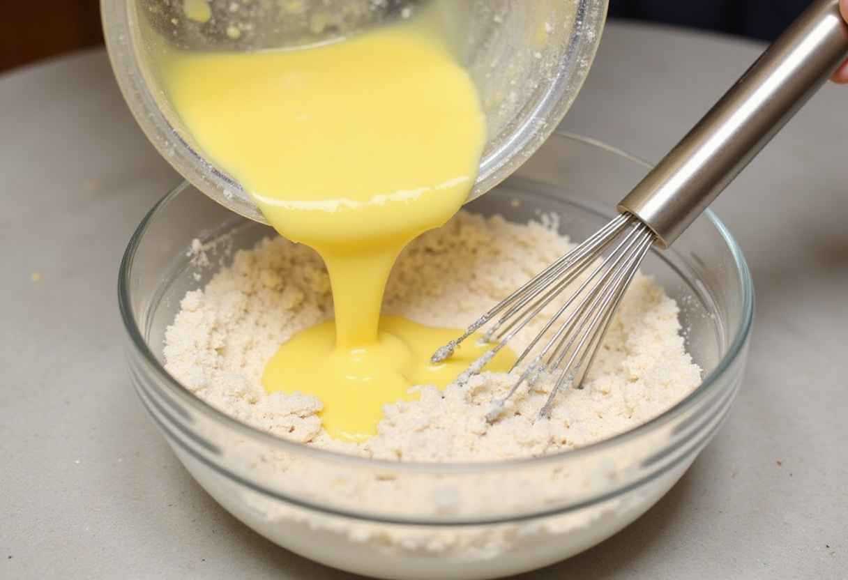 Beurre fondu ajouté aux ingrédients secs pour la recette du financier fleur d'oranger.