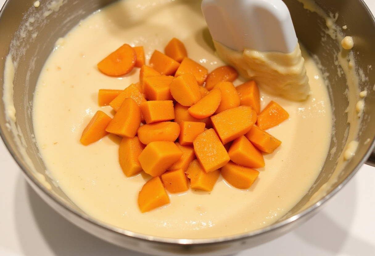 Abricots hachés mélangés à la pâte à financier pour un dessert financier exquis.