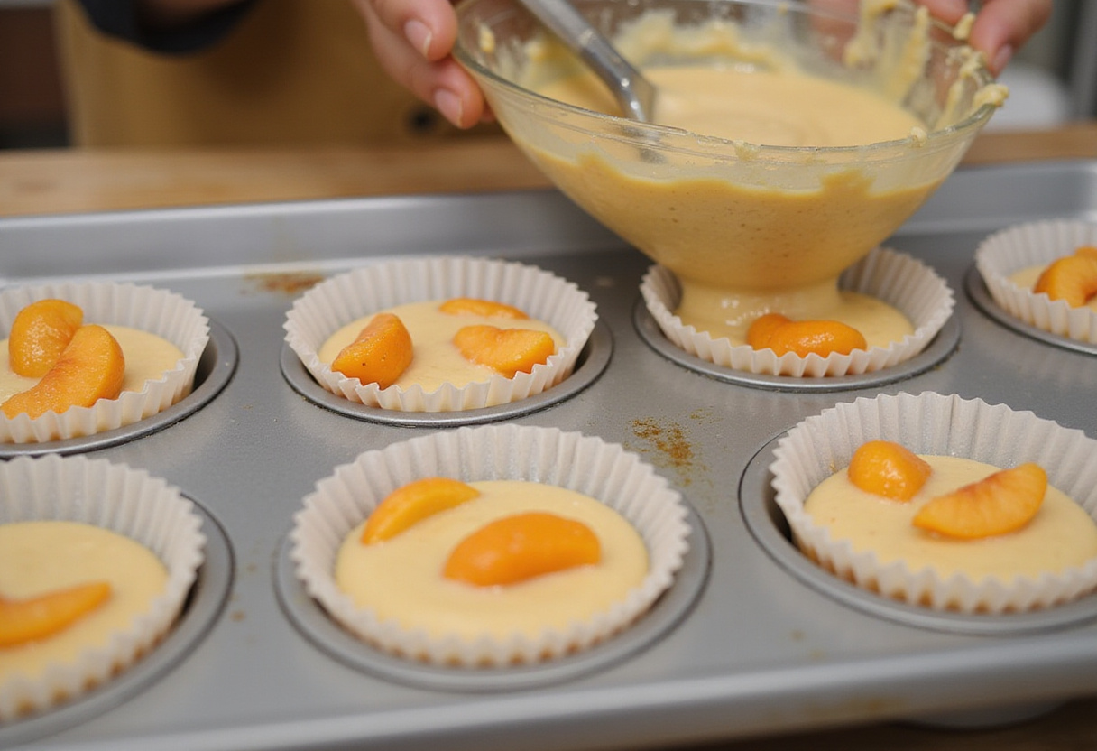 Moules à financiers remplis de pâte et d'abricots, prêts à être cuits au four.
