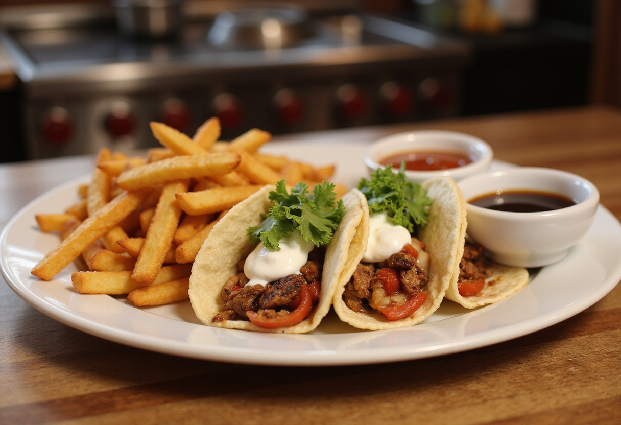 Finished French tacos express served with fries, ideal for a healthy meal.