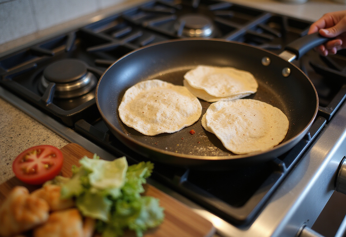 Tortilla wraps and fresh ingredients prepared for recette de tacos français.