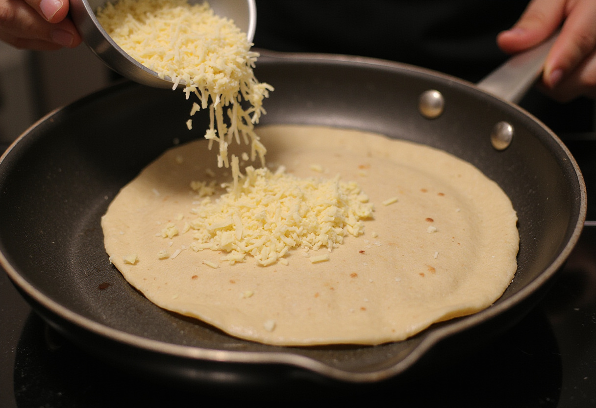 Placing a tortilla wrap on the pan with cheese for tacos rapides.