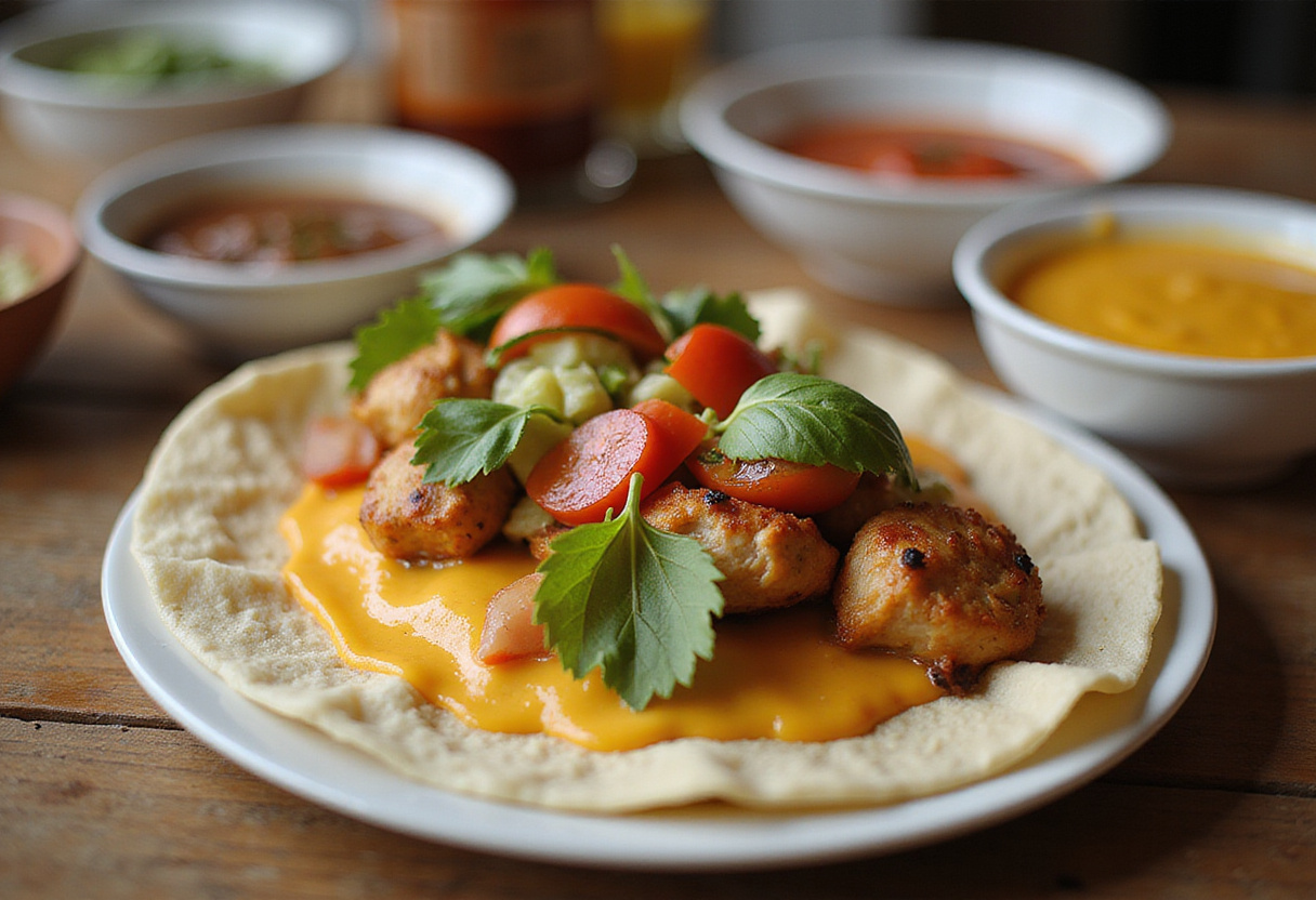Layering chicken and fresh vegetables on cheese for repas sain tacos.