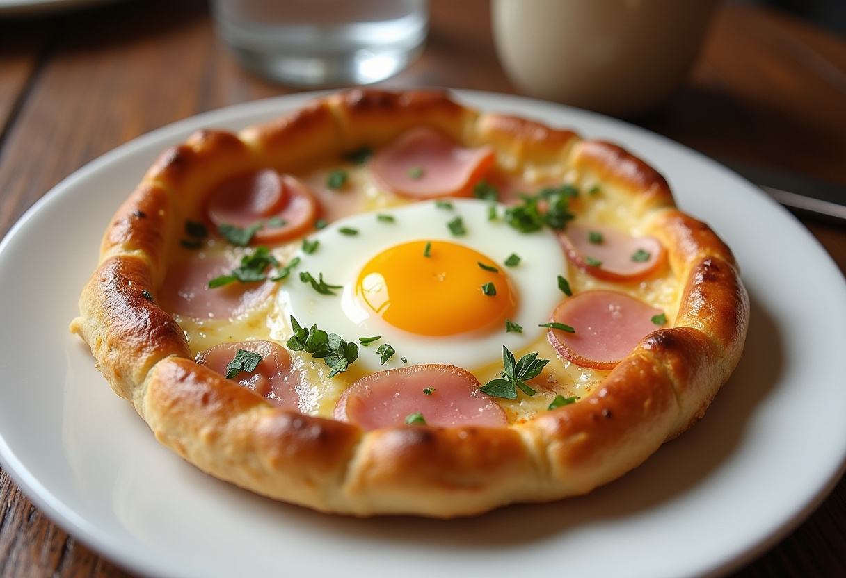 Galette complète bretonne finie avec œuf, jambon et fromage, idéale pour un repas rapide.