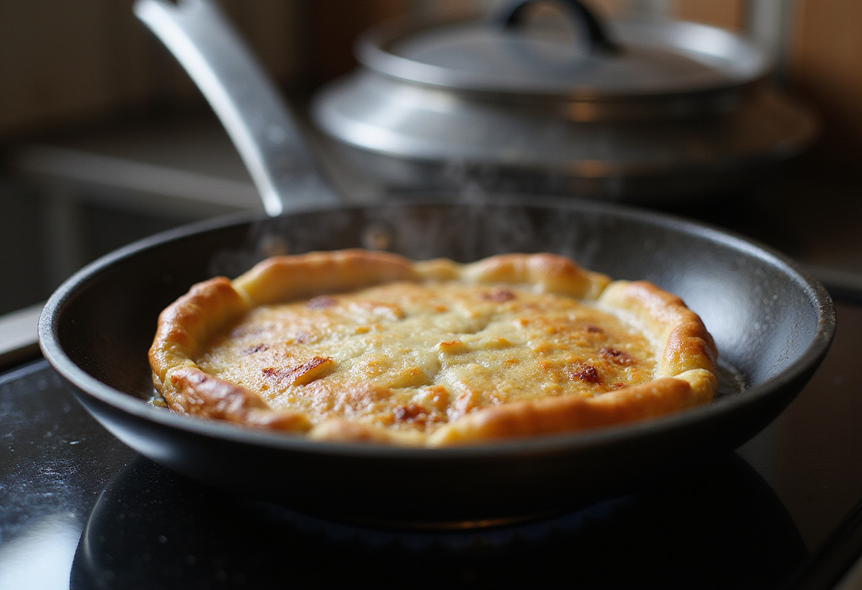 Galette complète bretonne cuisant à la perfection sur la cuisinière, prête à être servie.