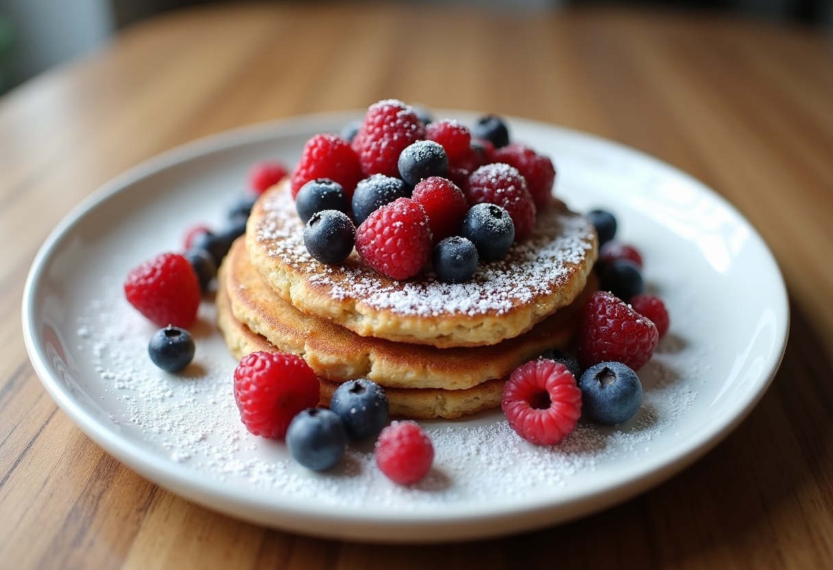 Galettes flocons d'avoine présentées avec des baies fraîches, recette healthy délicieuse.