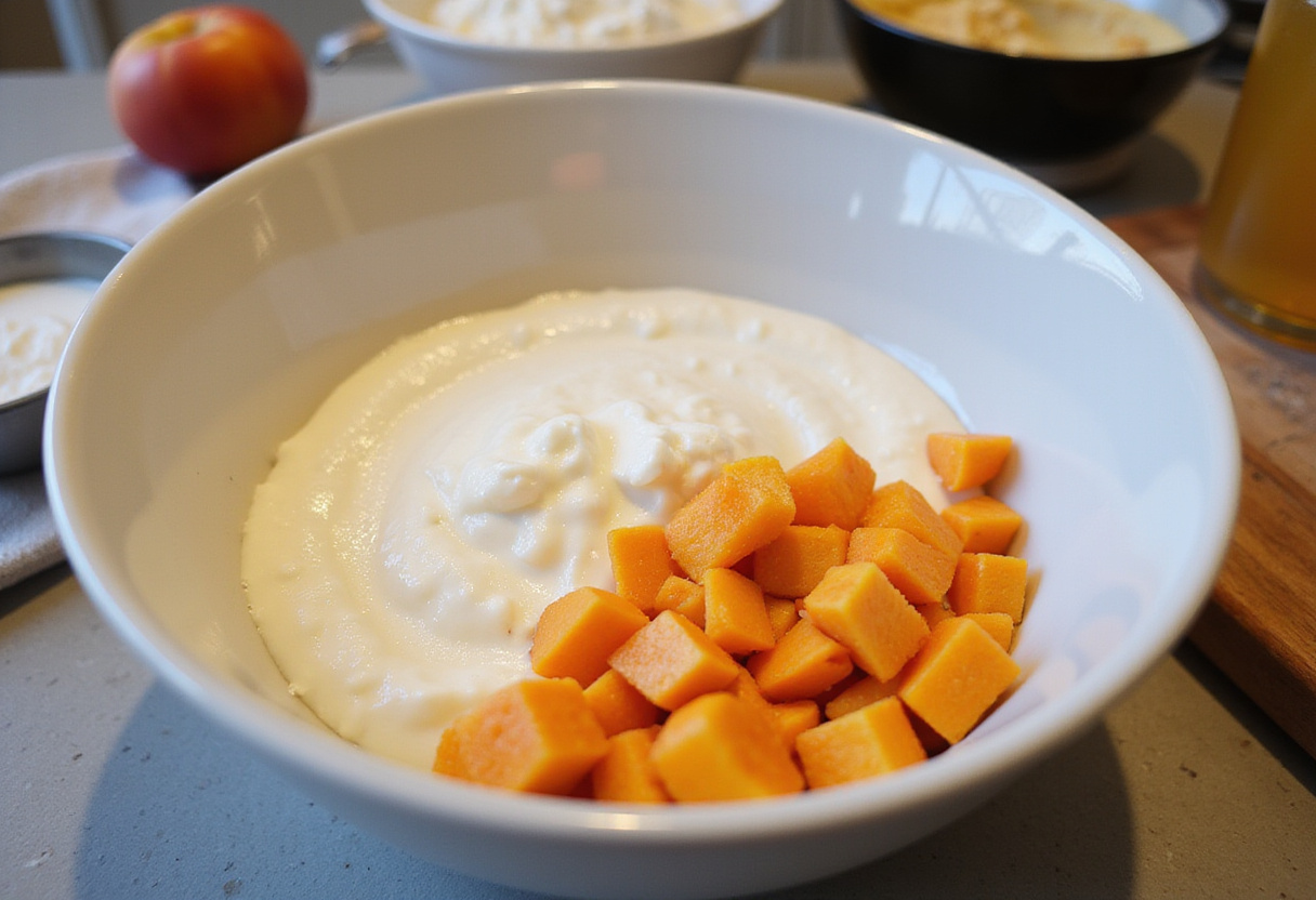 Préparation du mélange de fromage blanc et abricots pour le gâteau léger abricots.