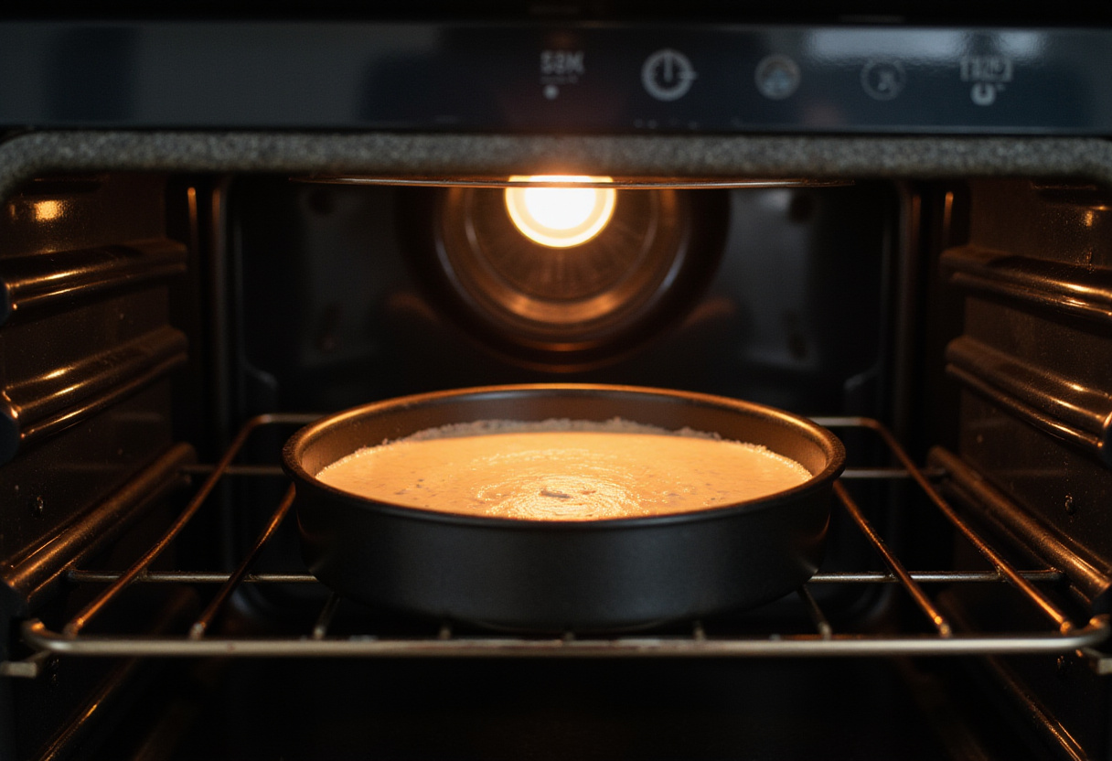 Moule à gâteau léger au fromage blanc et abricots inséré dans le four.