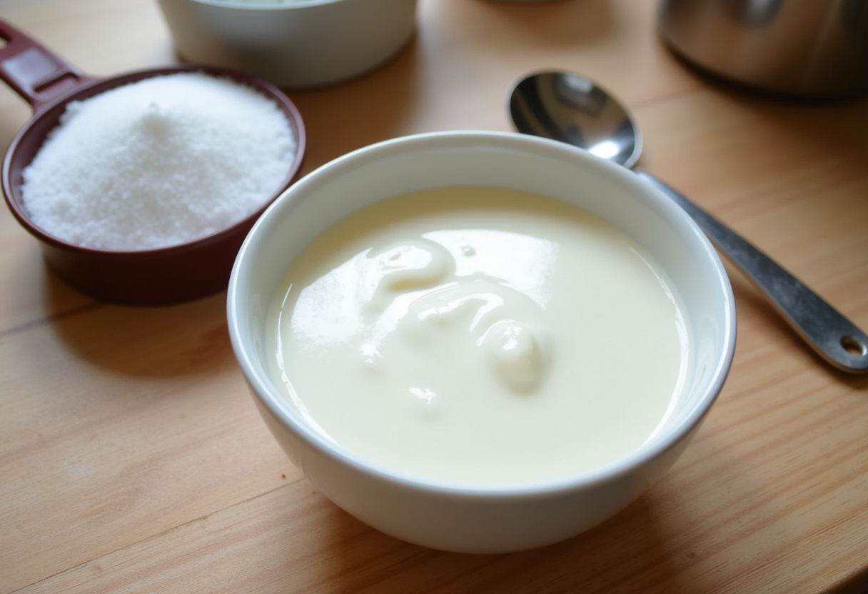 Bowl of plain yogurt for making gâteau au yaourt, a simple and delicious cake.