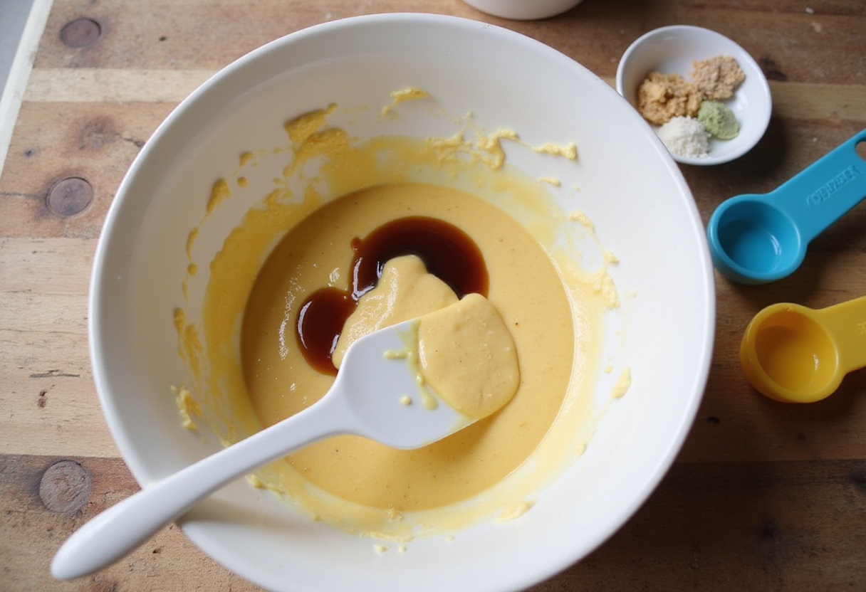 Mixing the batter for gâteau au yaourt, which includes oil and vanilla for flavor.
