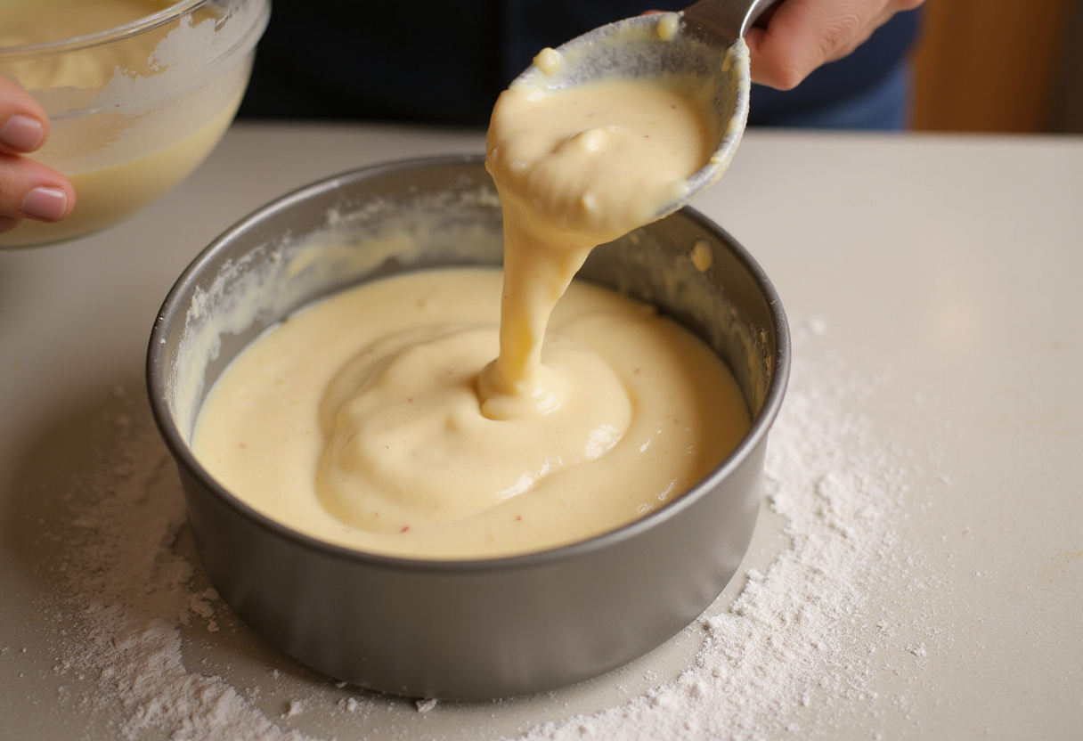 Pouring gâteau au yaourt batter into a cake pan, preparing for baking.