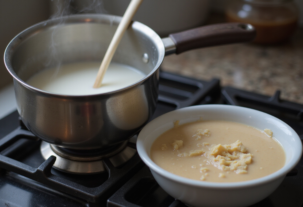 Warm milk being prepared for the gâteau magique recipe, essential for creating a creamy cake.