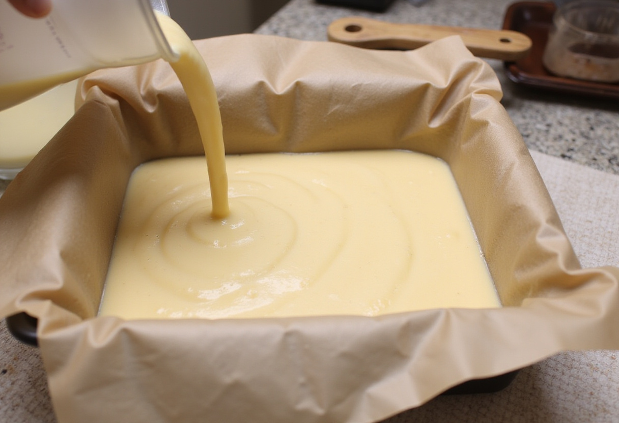 Batter being poured into a baking dish for baking gâteau magique, a quick and creamy cake recipe.