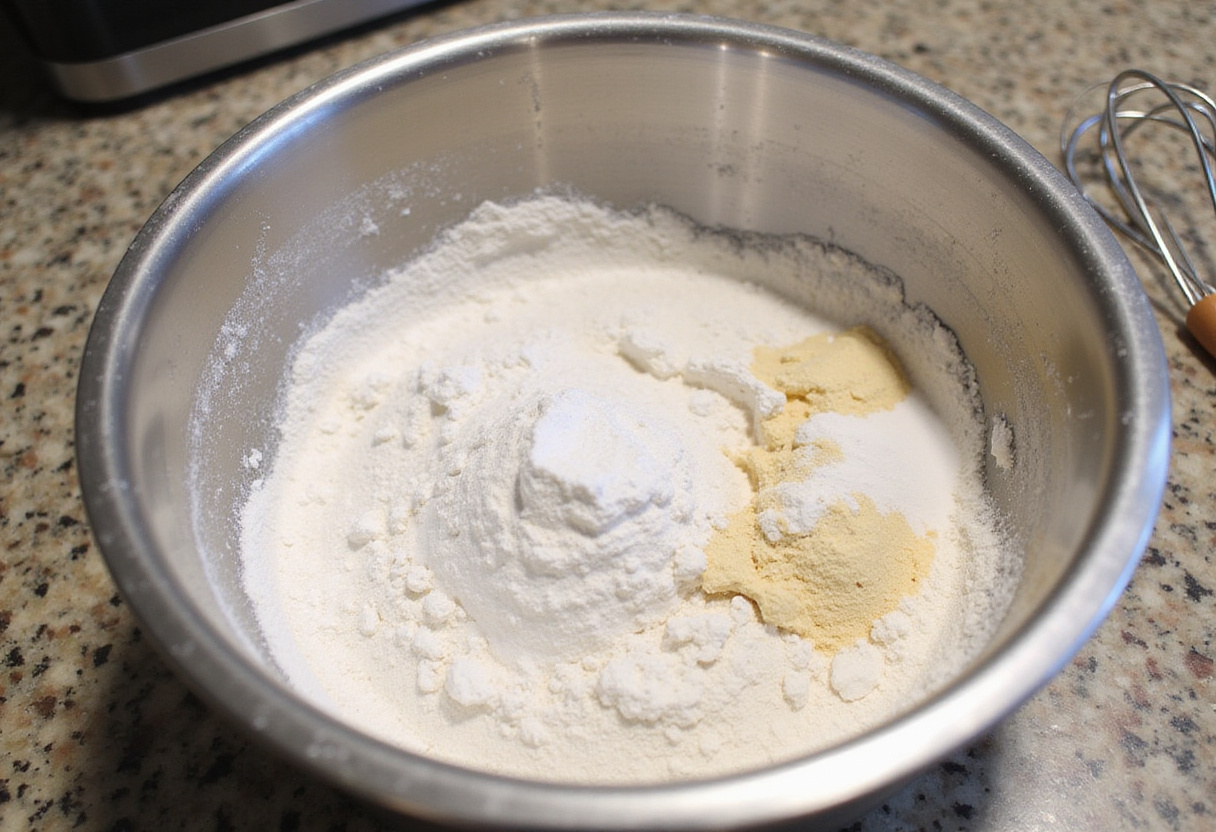 Dry ingredients for gâteau marbré in a bowl, using simple and easy steps for a delicious dessert.