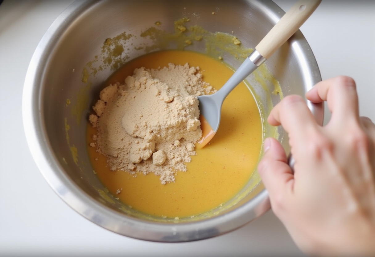 Combining wet and dry ingredients for gâteau marbré, making a simple and delicious cake batter.
