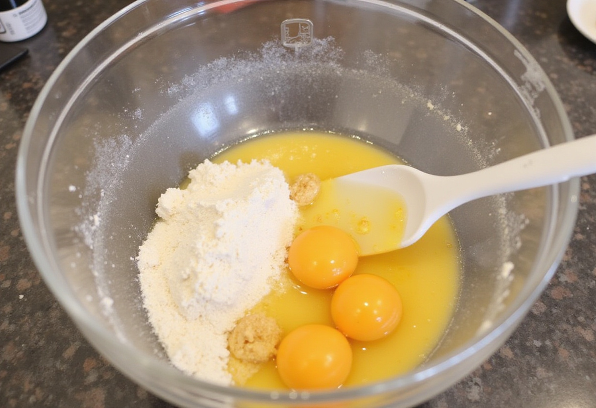 Mixing batter for gâteau nantais with almond flour and eggs for a delicious dessert nantais.