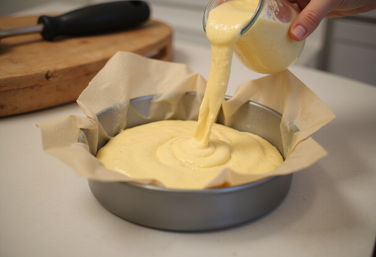Pouring gâteau nantais batter into a lined baking pan for a simple and delicious dessert.