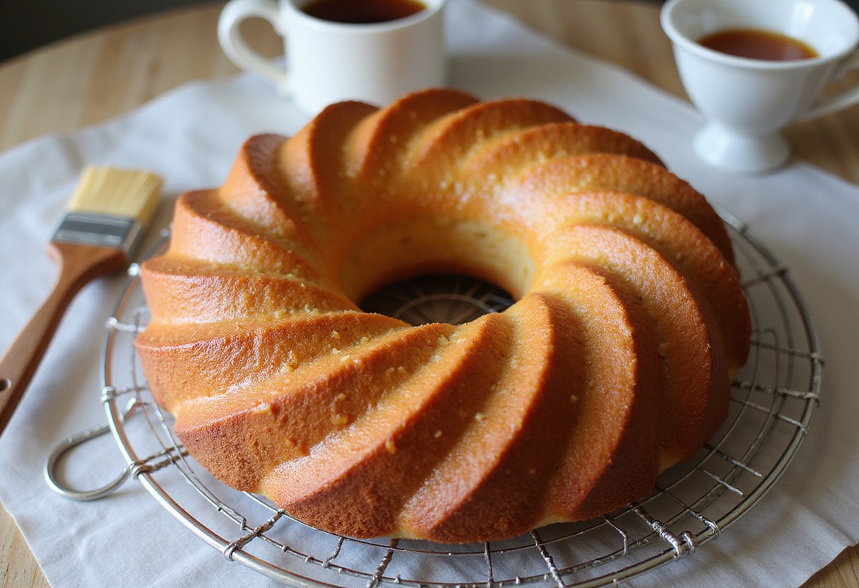 Gâteau nantais cooling on a wire rack, prepared for glazing to enhance its flavor.