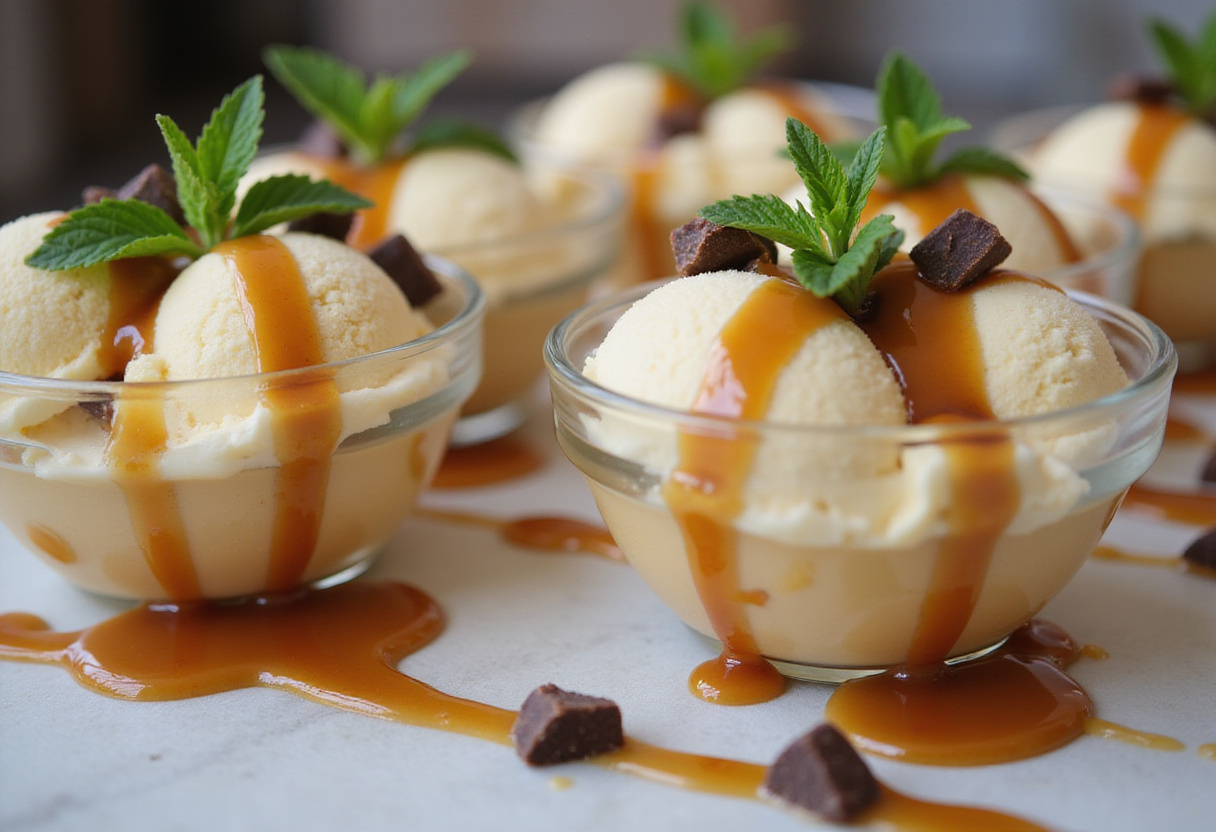 Finished glace maison à la vanille with sauce caramel, a show-stopping dessert for any occasion.