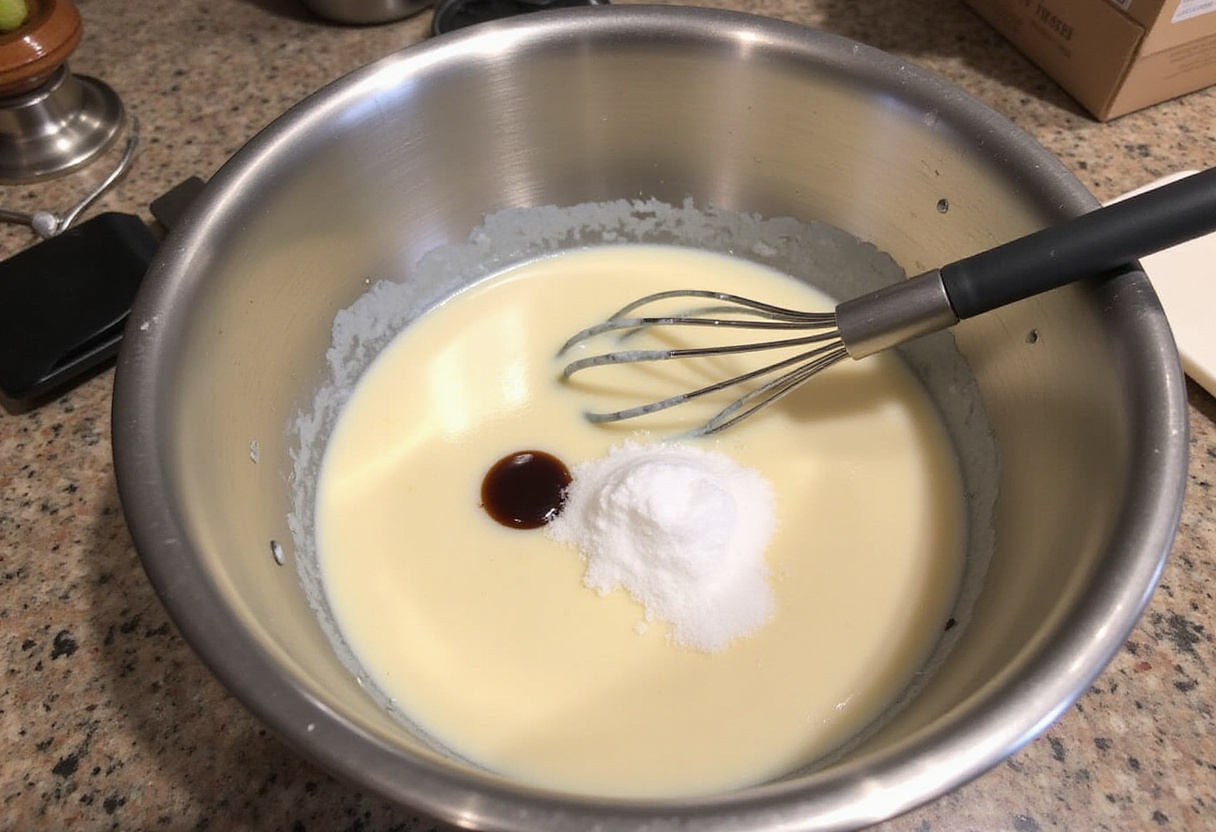 Making glace maison à la vanille in a mixing bowl with cream and sugar for a delicious dessert maison.