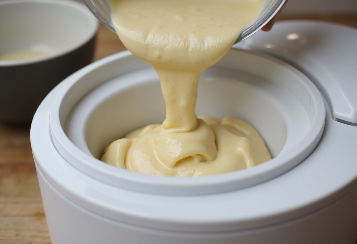 Pouring the vanilla ice cream mixture into an ice cream maker for a homemade dessert glacé.