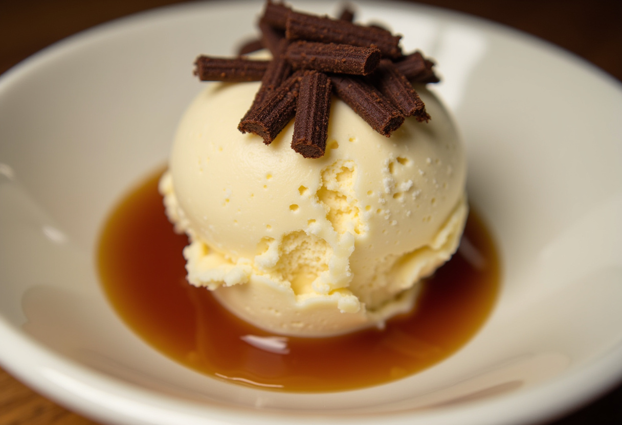 Serving homemade glace à la vanille with caramel sauce drizzled on top for an irresistible treat.