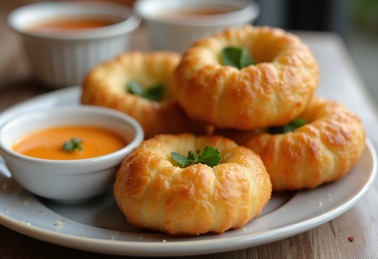 De délicieuses gougères au fromage finies, servies avec une sauce, idéales pour toute occasion.