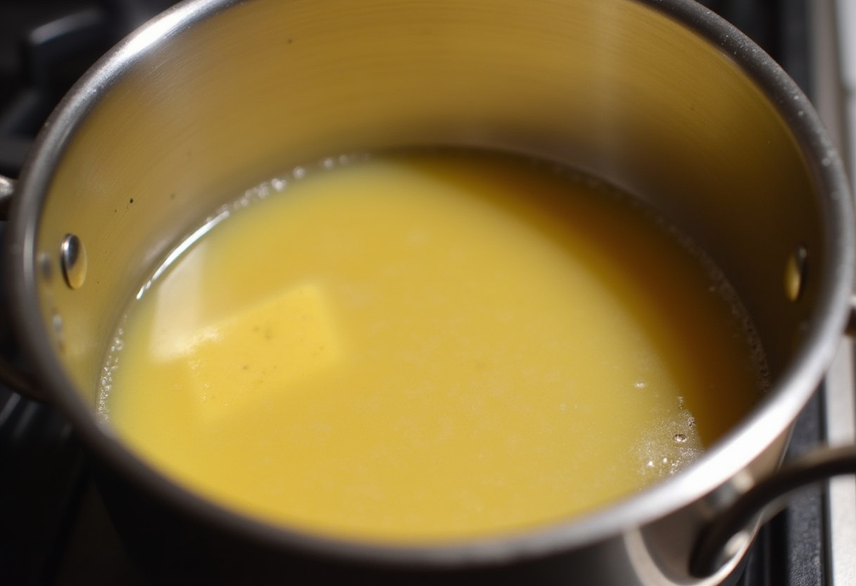 Casserole frémissante avec de l'eau et du beurre pour la préparation de la pâte à gougères au fromage.