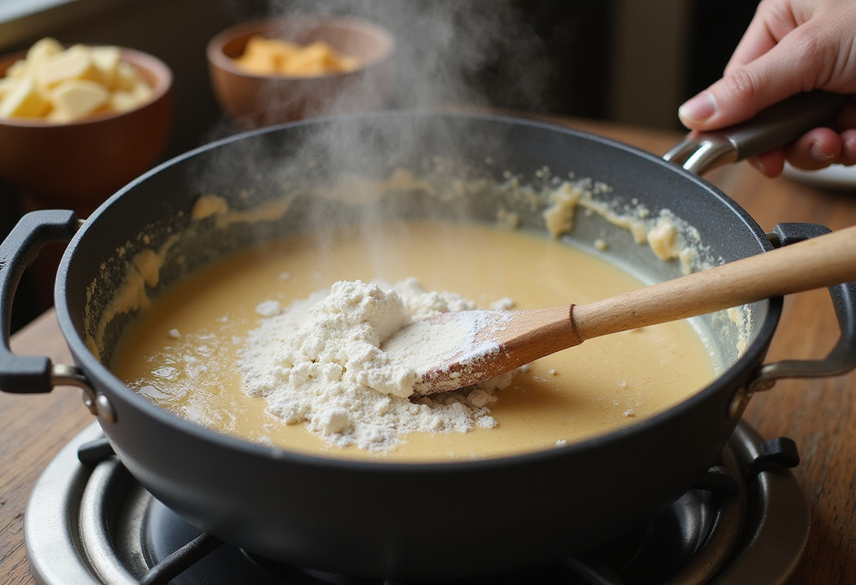 Farine incorporée au mélange de beurre pour la préparation des gougères au fromage.