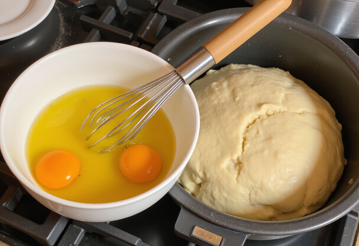 Œufs battus préparés pour être mélangés à la pâte à gougères au fromage.
