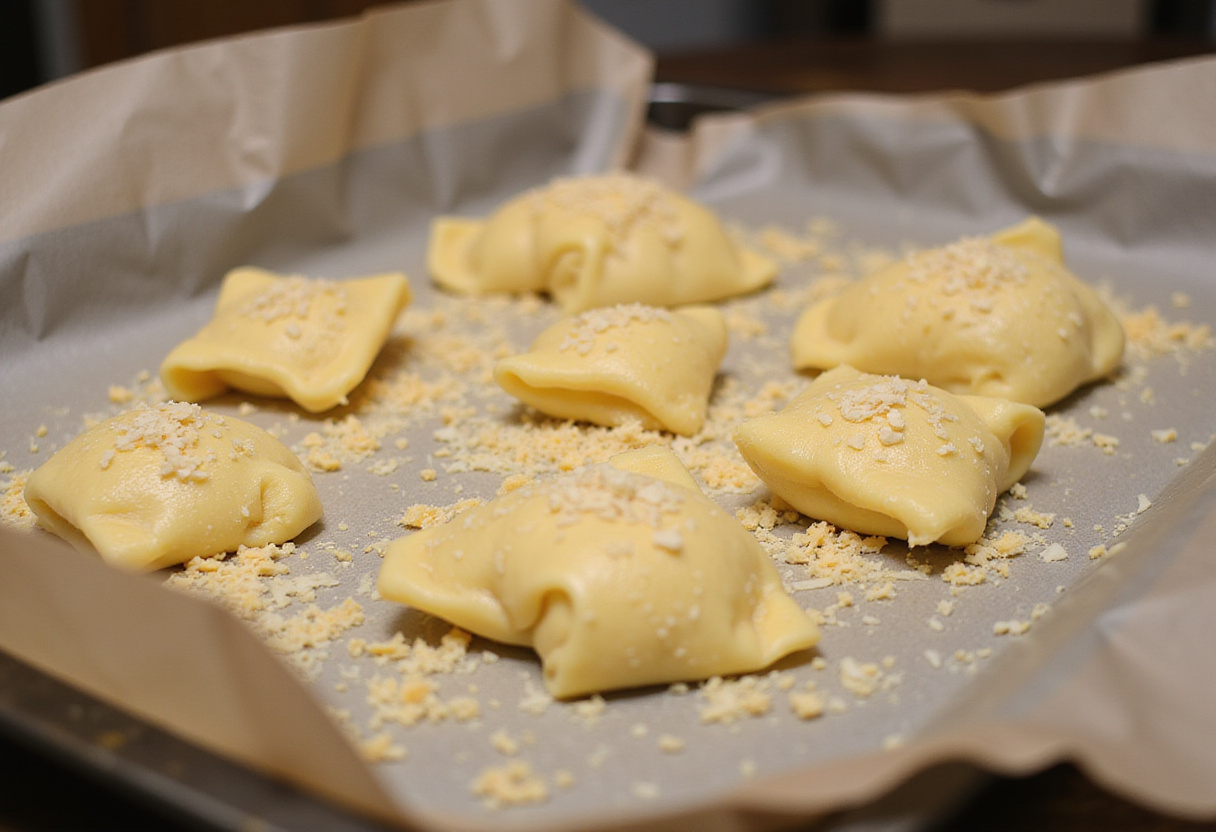 Pâte à gougères au fromage pochée sur une plaque de cuisson prête à être cuite.