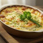 Final gratin de cabillaud crémeux, golden and bubbling, ideal for a delightful family meal.