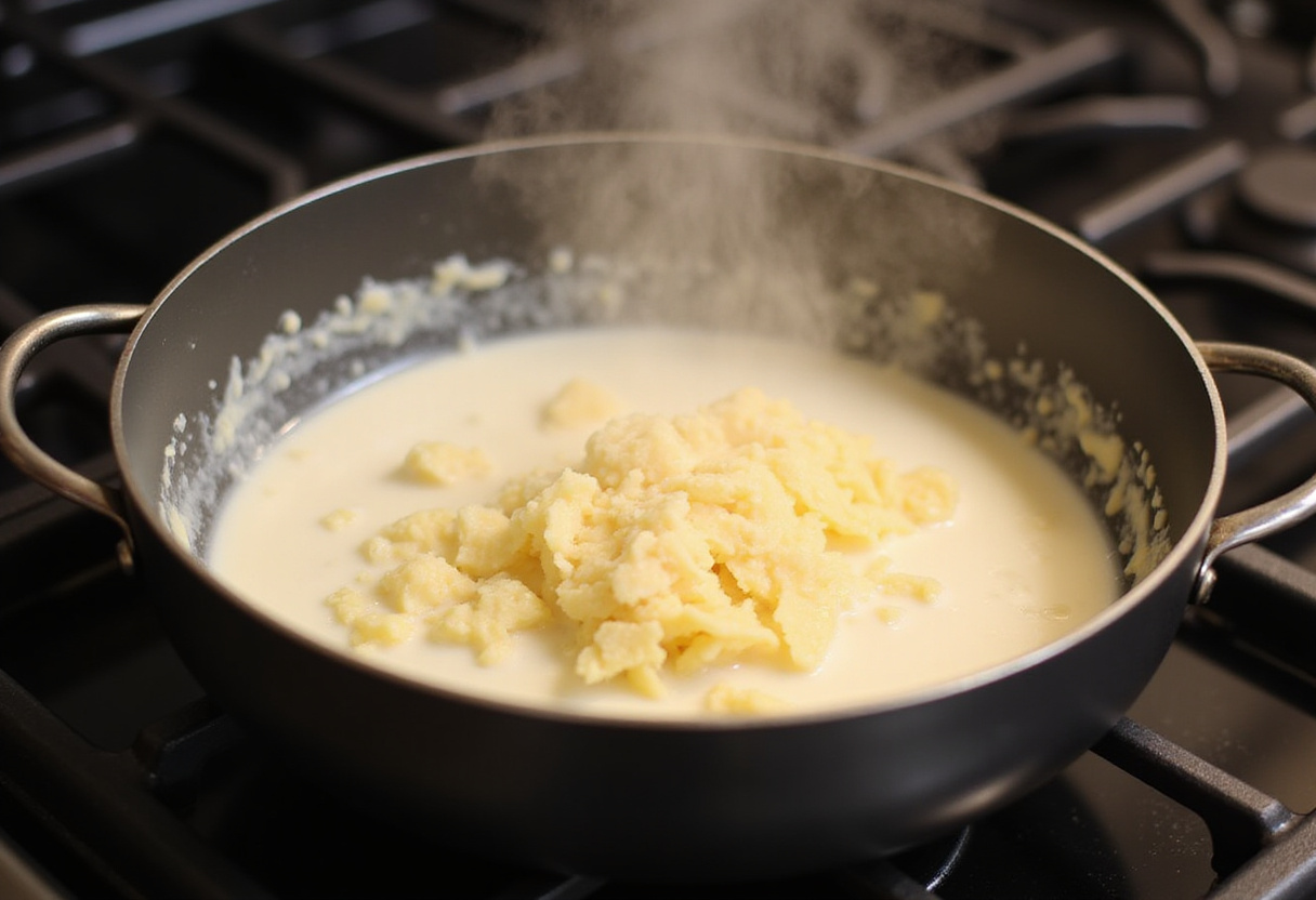 Cream and cheese being mixed for the crémeux gratin de cabillaud plat de poisson.