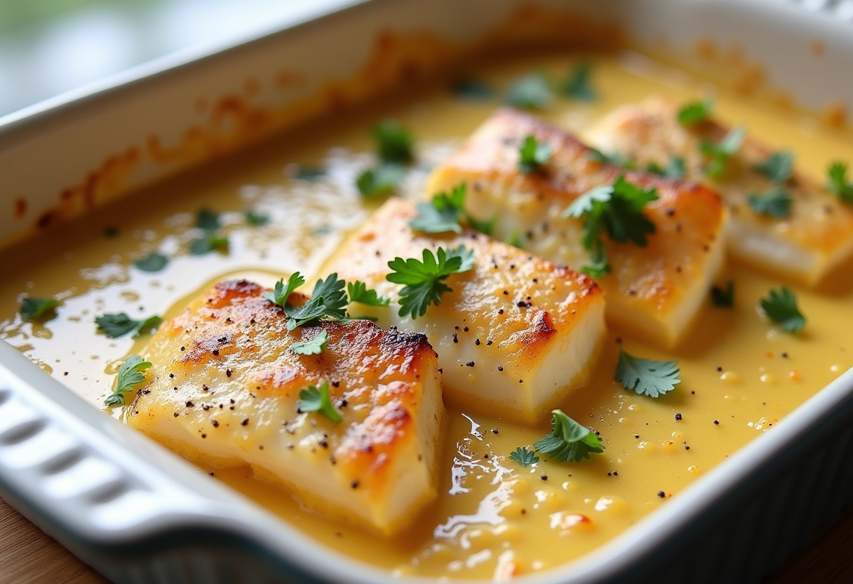 Layering cod and cream sauce in a baking dish for plat de poisson gratin crémeux.