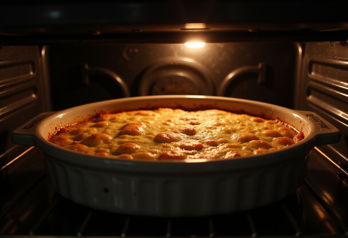 Baking dish with gratins de cabillaud placed in the oven to cook.