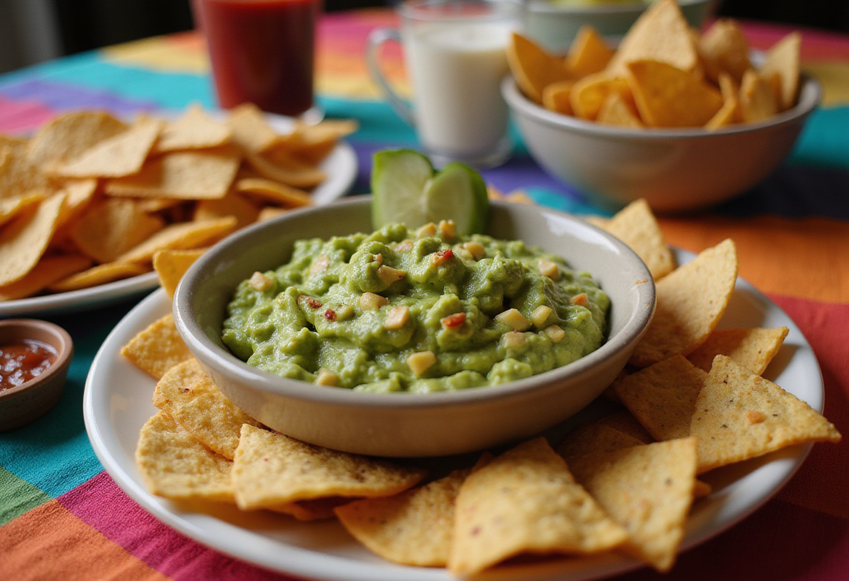 Guacamole facile et chips maison présentés sur une table festive, parfaits pour un snack original.