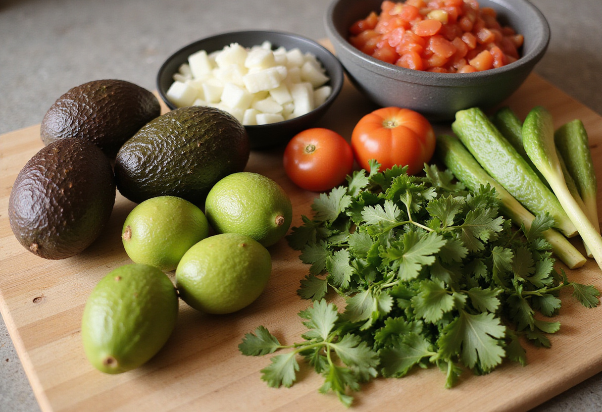 Ingrédients frais pour une recette guacamole facile : avocats, tomates, oignons et coriandre.